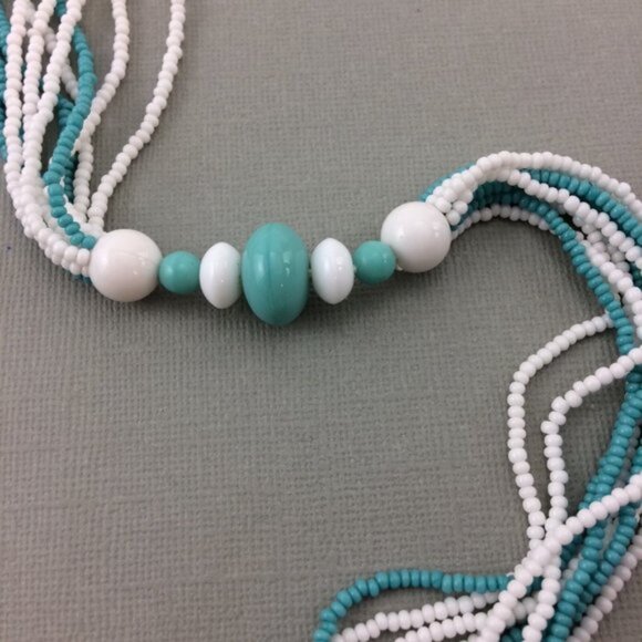 Blue and White Multi Strand Beaded Necklace with Metal Striped Bangle Bracelet - Picture 10 of 12